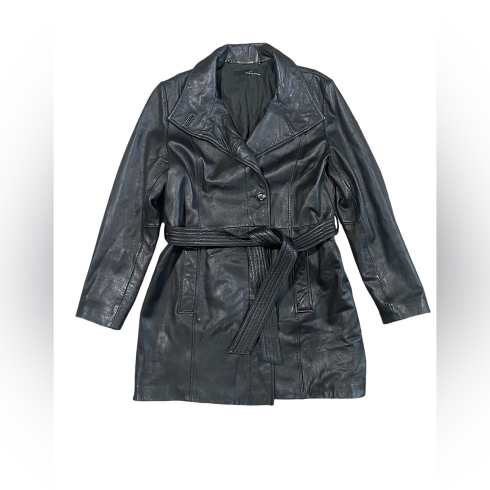 Vintage Wilson’s Leather Black Belted Trench Coat Medium